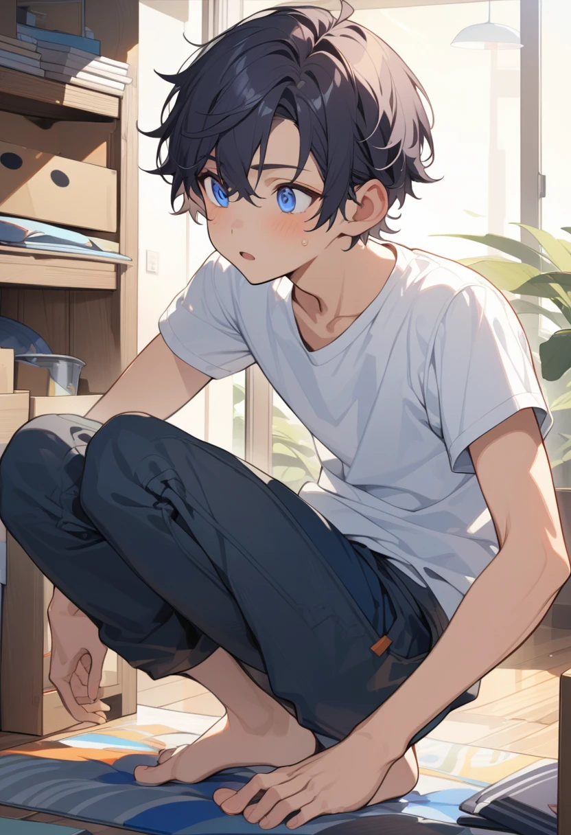 masterpiece, best quality, extremely detailed, ultra detailed, flat anime, 2D, ((1boy)),black hair, (short hair:1.5),blue eyes, height 1.7meters, (circle eyes:1.2), (young adult:1.2), Ear-length sideburns, long Sleeves, White T-shirt, barefoot, ((short sleeves)), ((long pants)), squatting, open mouth, summer, 12AM, livingroom,organizing the boxes., ((portrait)),full body,expressionless
