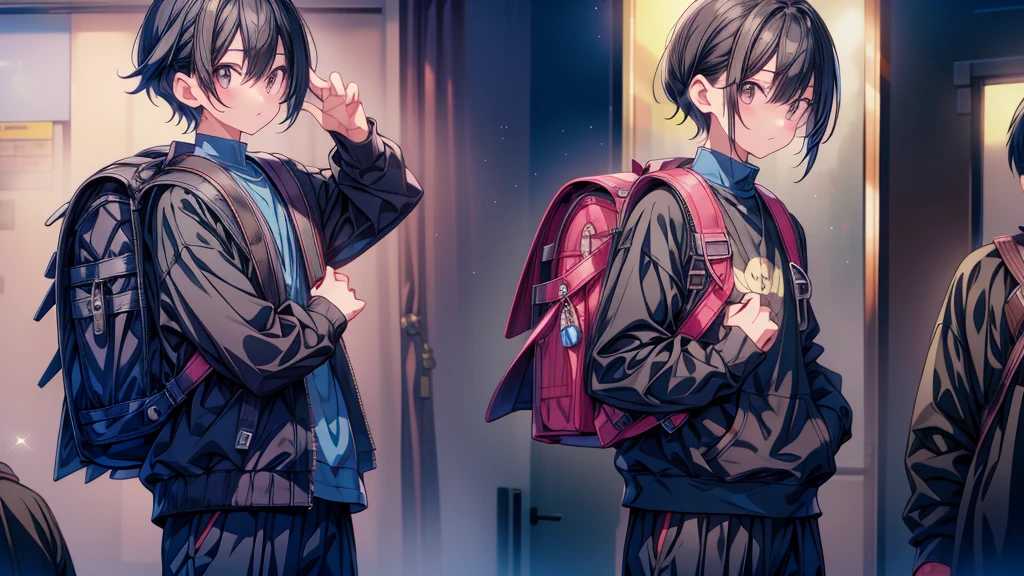 、Sweatshirt and long pants、Carrying a black backpack、Sparkling、Heartwarming