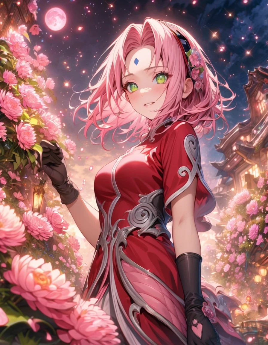 absurdres, highres, ultra detailed, HDR, master piece, best quality, extremely detailed, Haruno Sakura, pink hair, expressive green eyes, Naruto Shippuden, woman, solo, beautiful, red shirt, black gloves, fantasy, sparkling, pink glittering fireflies, pink moon, pink blossoms, pink chrysanthemums, pink sparkling lights, starry sky, magical