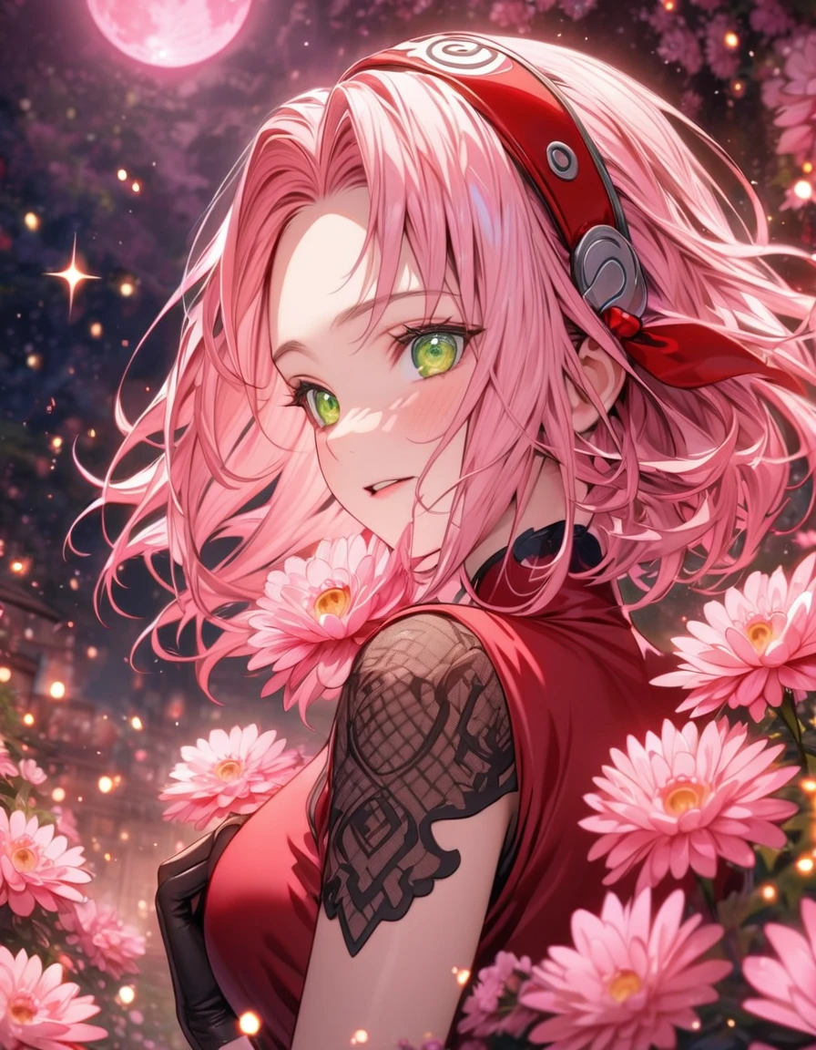 absurdres, highres, ultra detailed, HDR, master piece, best quality, extremely detailed, Haruno Sakura, pink hair, expressive green eyes, Naruto Shippuden, woman, solo, beautiful, red shirt, black gloves, fantasy, sparkling, pink glittering fireflies, pink moon, pink blossoms, pink chrysanthemums, pink sparkling lights, starry sky, magical