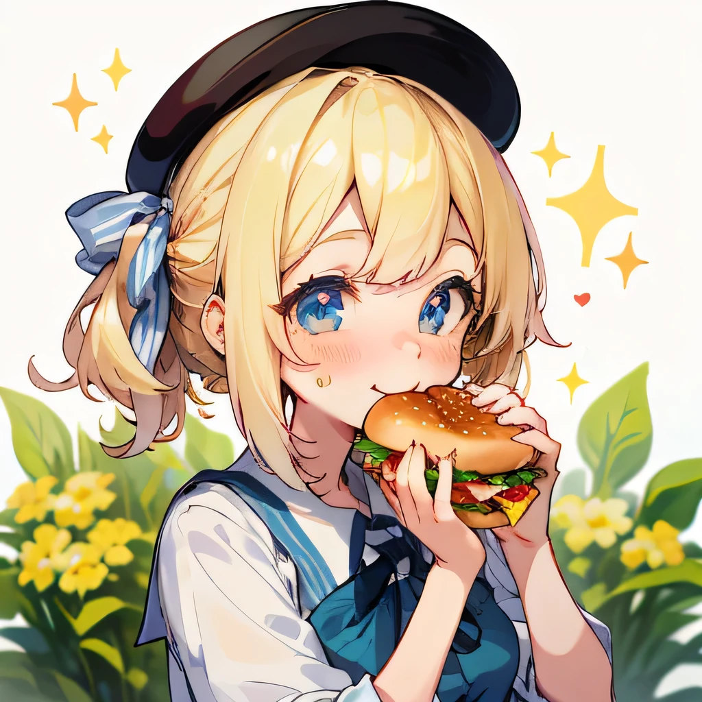 (Highest quality,High resolution,Very detailed),がhamburgerを食べている, smile,girls school shirt,ribbon,Blonde, blue eyes, hand to own mouth, hamburger, cup, lettuce, fruit, tomato, Onion, bowl, Bokeh Background, food, closeup at the food, Still life, Blurred, Depth of written boundary, vegetables, cheese,Sparkle Effect,Heart Effect