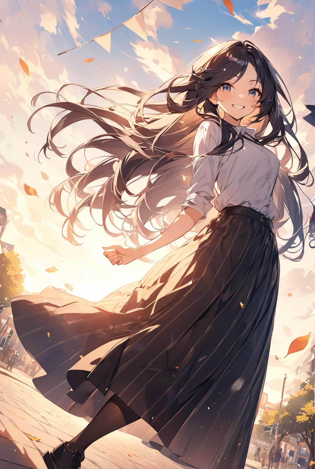 Wearing a cool long skirt,Cute woman with a smile,Female college student,Long Hair、