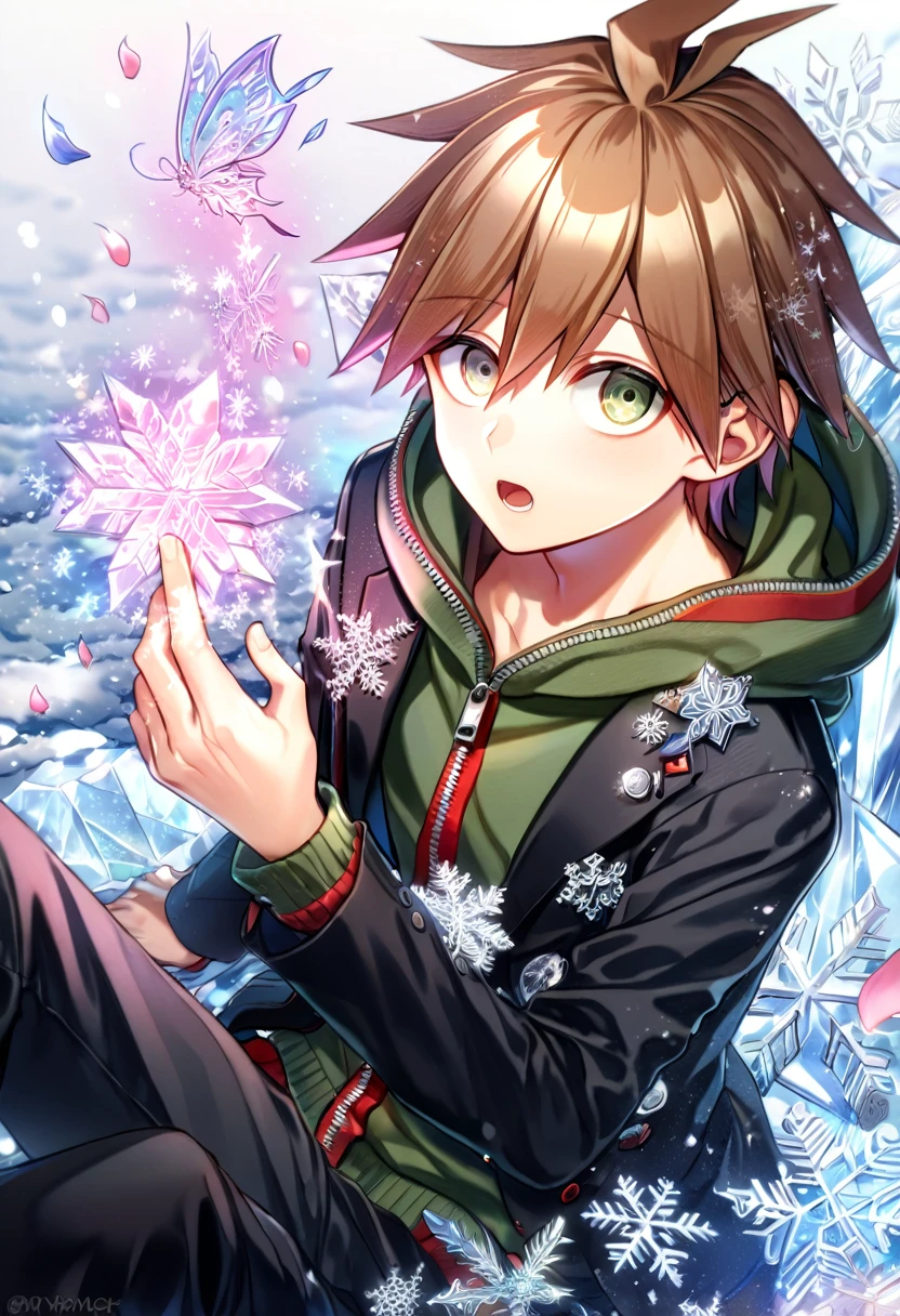 Ultra detailed, HDR, Highres, absurdres, master piece, Naegi Makoto, brown hair, expressive hazel eyes, black jacket, dull green hoodie, Danganronpa, handsome, ice glittering butterflies, ice, petals, ice pink glass flowers, glittering, fantasy, magical, snowflakes, cold, solo, sexy man sitting, black pants