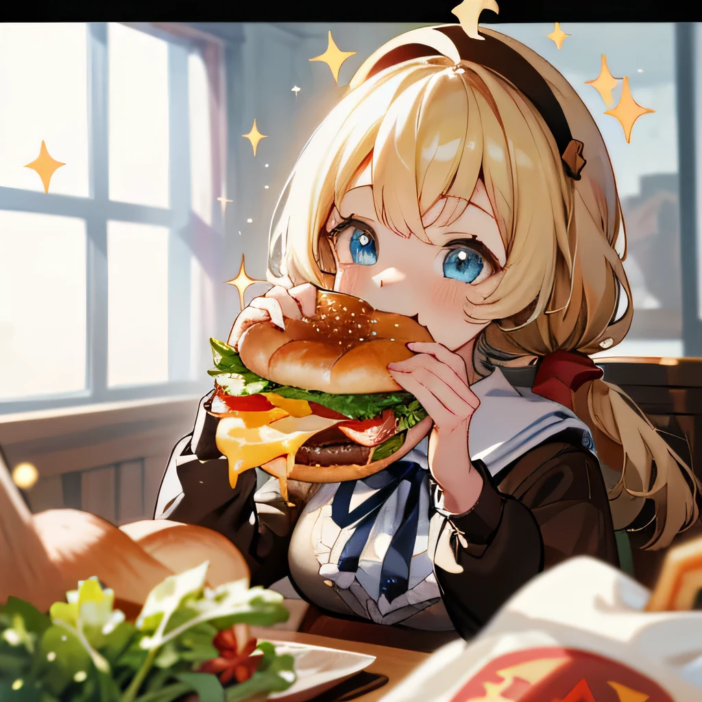 (Highest quality,High resolution,Very detailed),***がhamburgerを食べている, smile,girls school shirt,ribbon,Blonde, blue eyes, hand to own mouth, hamburger, cup, lettuce, fruit, tomato, Onion, bowl, Bokeh Background, food, closeup at the food, Still life, Blurred, Depth of written boundary, vegetables, cheese,Sparkle Effect