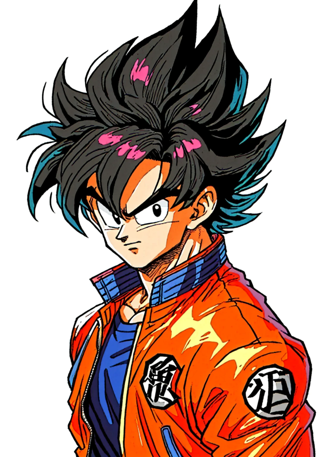1man, solo, (masterpiece), best quality, ultra-detailed, Son Goku from Dragon Ball Z, black hair, Retro style, full body. fashion cloth, blue jacket, orange shirt, fancy, portrait, upper body, face detail, eyes detail: 1.3, simple background, black eyes, orange shirt,(white background)