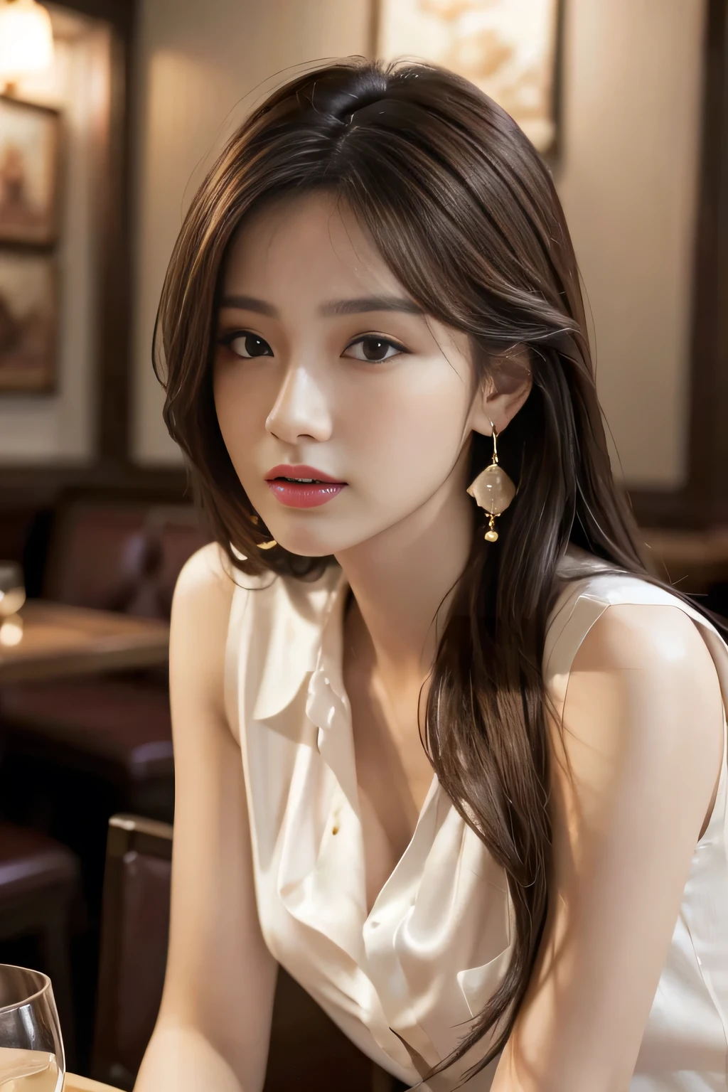 masterpiece, Highest quality, Realistic, Very detailed, Finer details, High resolution, 8k wallpaper, One beautiful woman, Wear a silk shirt in a good color, In a great restaurant, At night, Light brown messy hair, Perfect dynamic composition, Beautiful and beautiful eyes、Big earrings、chest、Sleeveless shirt、




