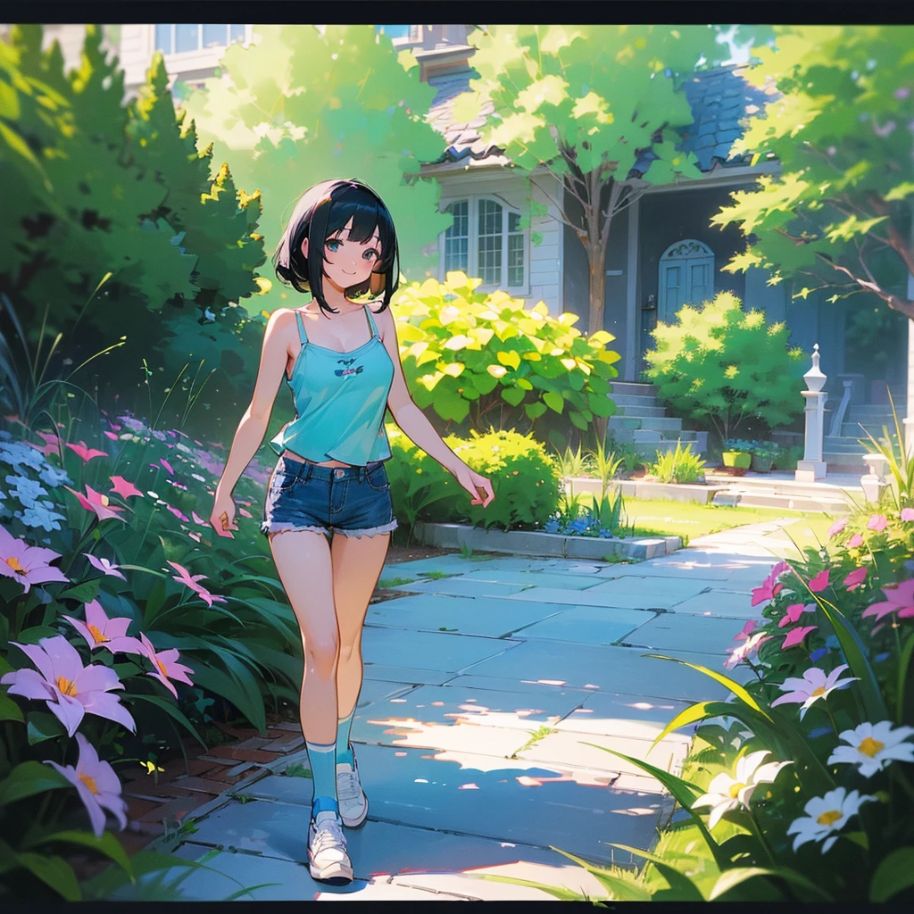 (high quality, High resolution, Very detailed, reality:1.37), Peaceful atmosphere, (Outdoor, garden), Teenage girl standing alone, (my breasts are big.), Beautiful details, Cute Smile, (Black bob hair), camisole, Denim shorts, Blue socks, sneakers.