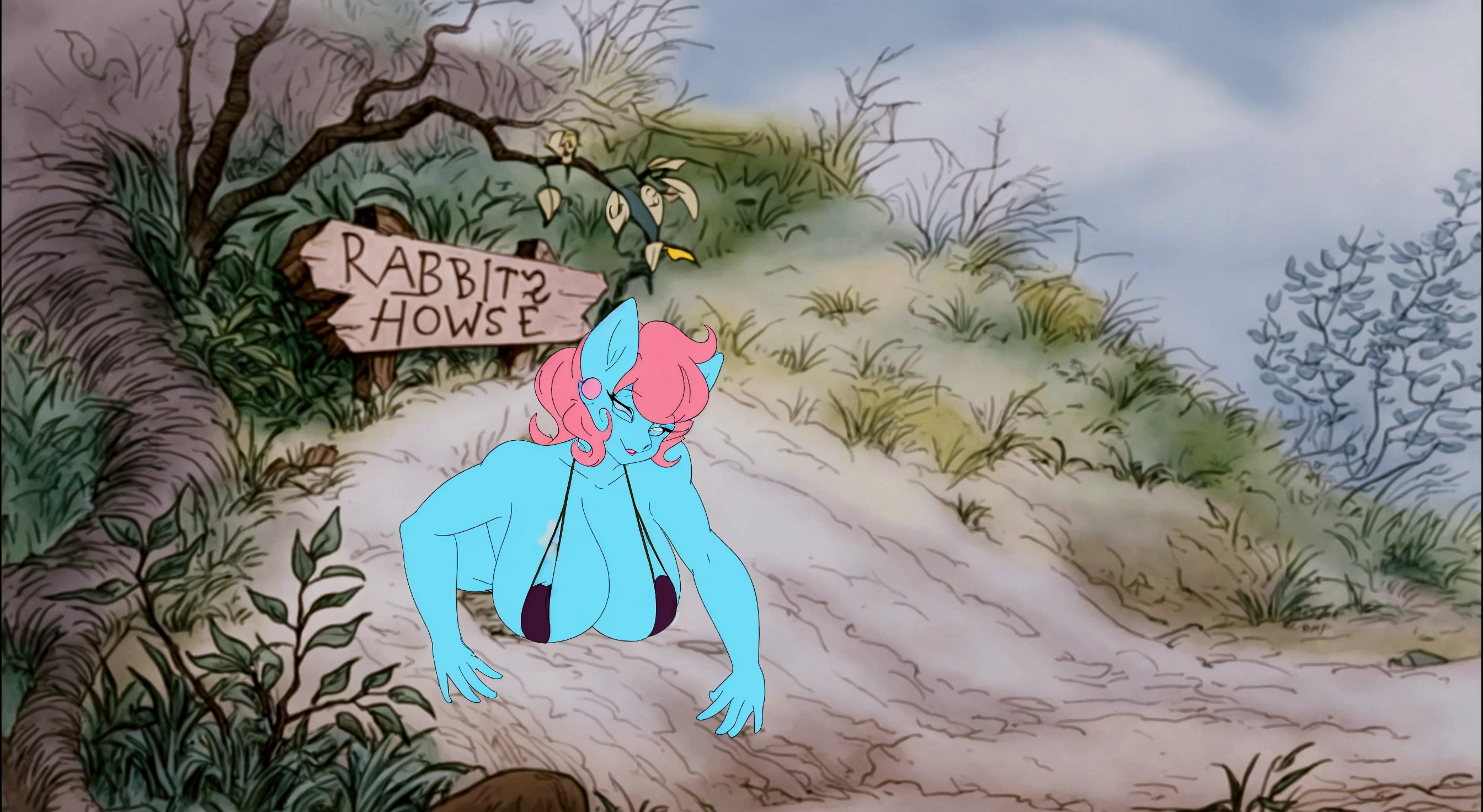 cartoon of a blue and pink creature hanging from a sign, don bluth animation, production animation cel, don bluth!!!, don bluth!!, disney 2d animation still, shaded animation cel, disney 2d traditional animation, inspired by Don Bluth, in style of disney animation, inspired by John Altoon, don!!! bluth!!!, animation cel