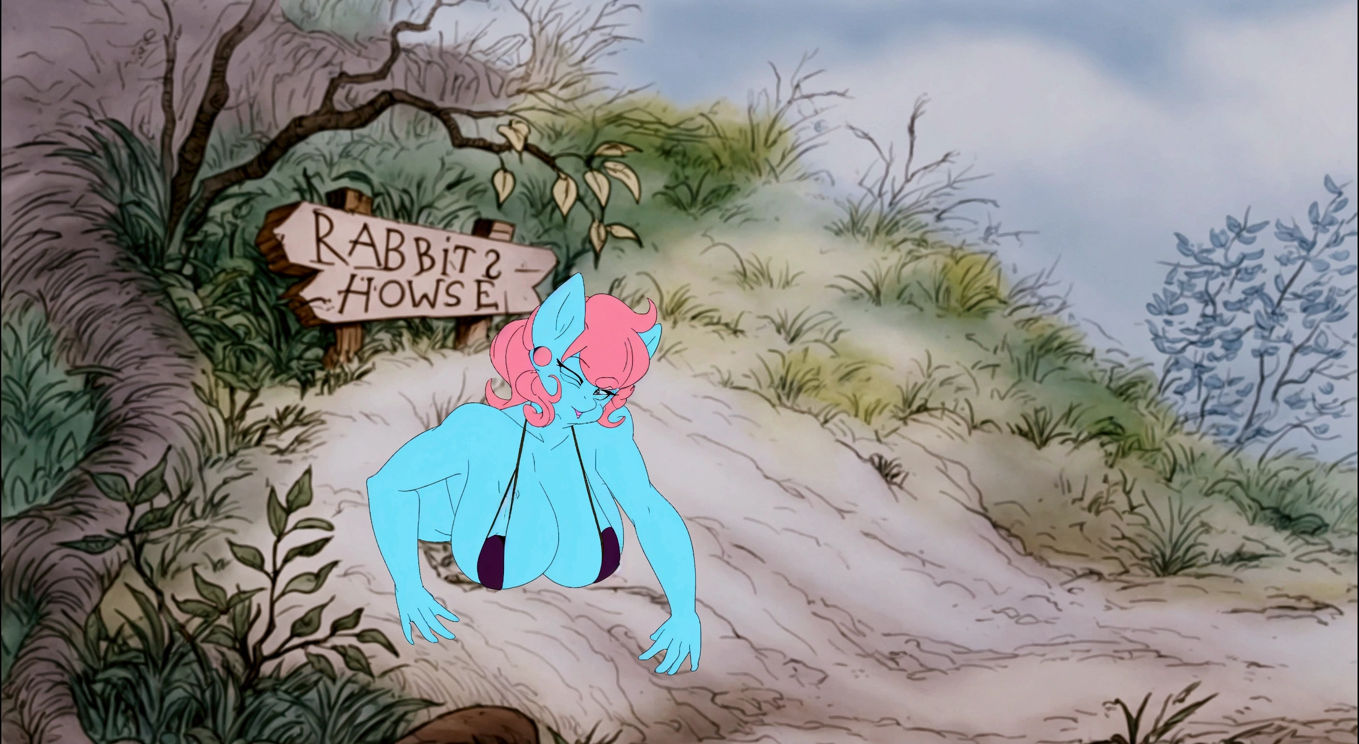 cartoon of a blue and pink creature hanging from a sign, don bluth animation, production animation cel, don bluth!!!, don bluth!!, disney 2d animation still, shaded animation cel, disney 2d traditional animation, inspired by Don Bluth, in style of disney animation, inspired by John Altoon, don!!! bluth!!!, animation cel