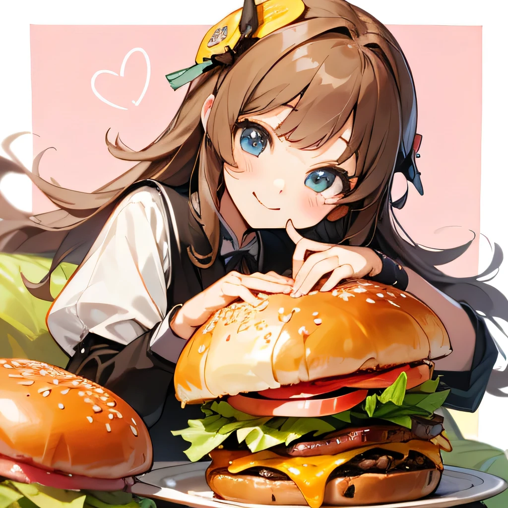 (Highest quality,High resolution,Very detailed),がhamburgerを食べている, smile,Girls&#39; School,ribbon,Blonde, blue eyes, hamburger, cup, lettuce, fruit, tomato, Onion, bowl, Bokeh Background, food, closeup at the food, Still life, Blurred, Depth of written boundary, vegetables, cheese,Sparkle Effect