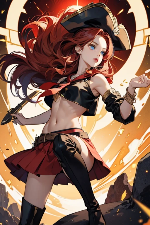 Becky has fair tan skin, and wavy red hair. She has big blue eyes and pale red lips, Her accesories consits of a black pirate hat with Cat head with Bones crossing each other and gold outlines, She also wears a red bandana.
She wears a white off-shoulder crop top and it supports a black vest with gold detailing and gold tie. She also wears a red skirt with black outlines, She wears a knee-high boots with red ties and gold buckles. The soles are black and red, She also wears a wooden pegleg on her left leg. SPARKLE; GLITTER