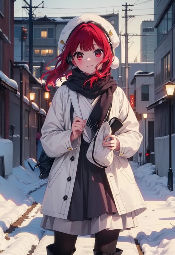 canary, Arima etc., long hair, bangs, (Red eyes:1.3), Redhead, smile,White Breath,blush,Earmuffs,Knitted hat,Purple Scarf,White long coat,V-neck sweater,Long skirt,Black Pantyhose,short boots,snow,snow,snow,snow,snowが積もっています,snowが降る,whole bodyがイラスト入るように,Walking,
break outdoors, construction area,
break looking at viewer, whole body,
break (masterpiece:1.2), Highest quality, High resolution, unity 8k wallpaper, (shape:0.8), (Beautiful attention to detail:1.6), Highly detailed face, Perfect lighting, Extremely detailed CG, (Perfect hands, Perfect Anatomy),