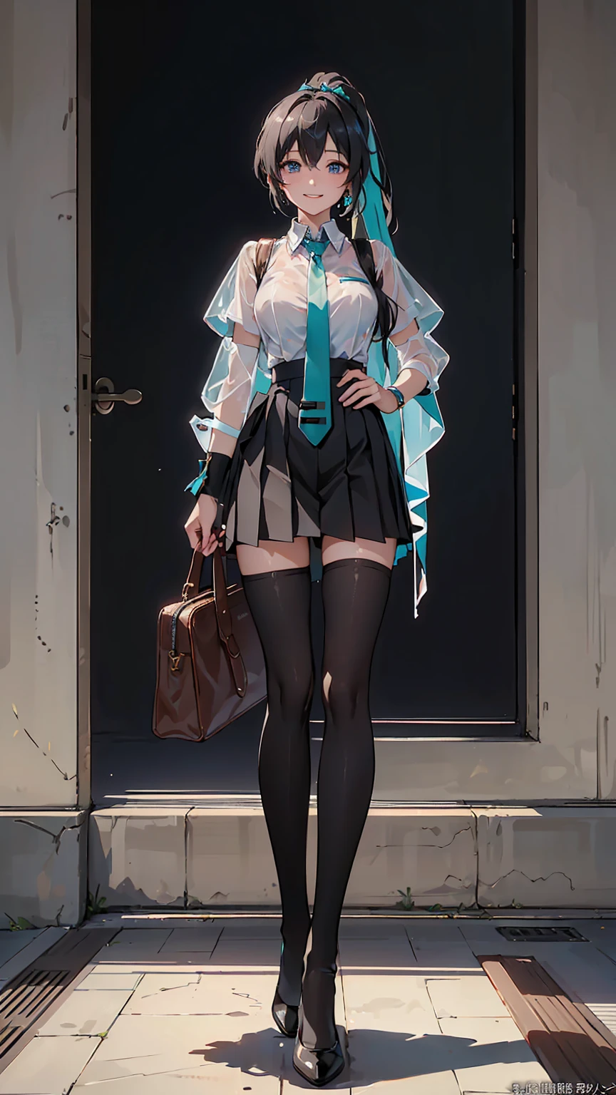 (quality)), ((masterpiece)), Recommendation Results、Puffy nipples、(See through:1.5)、Please stand up straight.、Abdominal muscles、Giant bust、Angle to floor:1.2、Low camera angle、Groin hair removal，hatsune miku，(masterpiece, top quality, 最好的quality, Official Art, Beautiful and beautiful:1.2), Very detailed, Rich and colorful, Most detailed ((Very detailed)), (high quality photos, 16k photo quality:1.4), ((Very delicate and beautiful)),(Super glowing skin, Delicate skin, Very detailed face), Beautiful and delicate eyes, alone, Outdoor,(Shibuya Ward \(Tokyo\):1.3),Persistence, Black Hair, Very long double ponytail, Bunny ears, blue eyes, (uniform, uniform, suit, tie, Pleated skirt:1.5), bag,(side-tie,Black Stockings:1.4), Grin, 