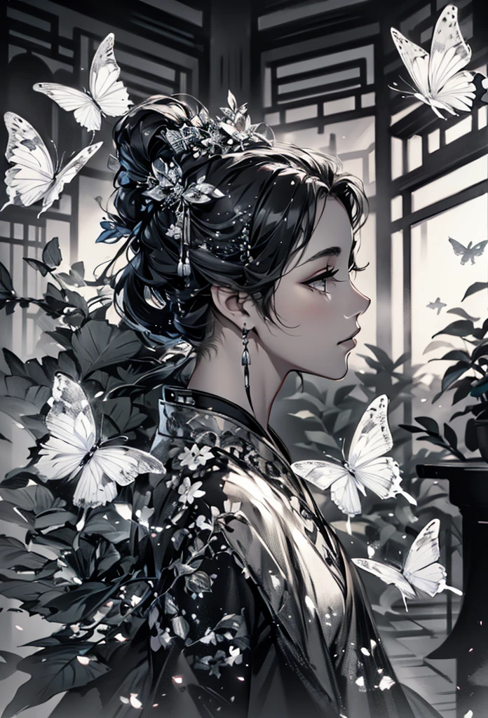 Sketch reinforcement,pencil drawing,Intensify pencil strokes,Fox-eared maiden,Exhibition Hall,Fairy air,Chinese ancient style,Toga,Black and white photo,Black and White Art,Black and white illustration,Ultrafine,The hair is carefully described,The eyes are carefully depicted,Best quality,8K resolution