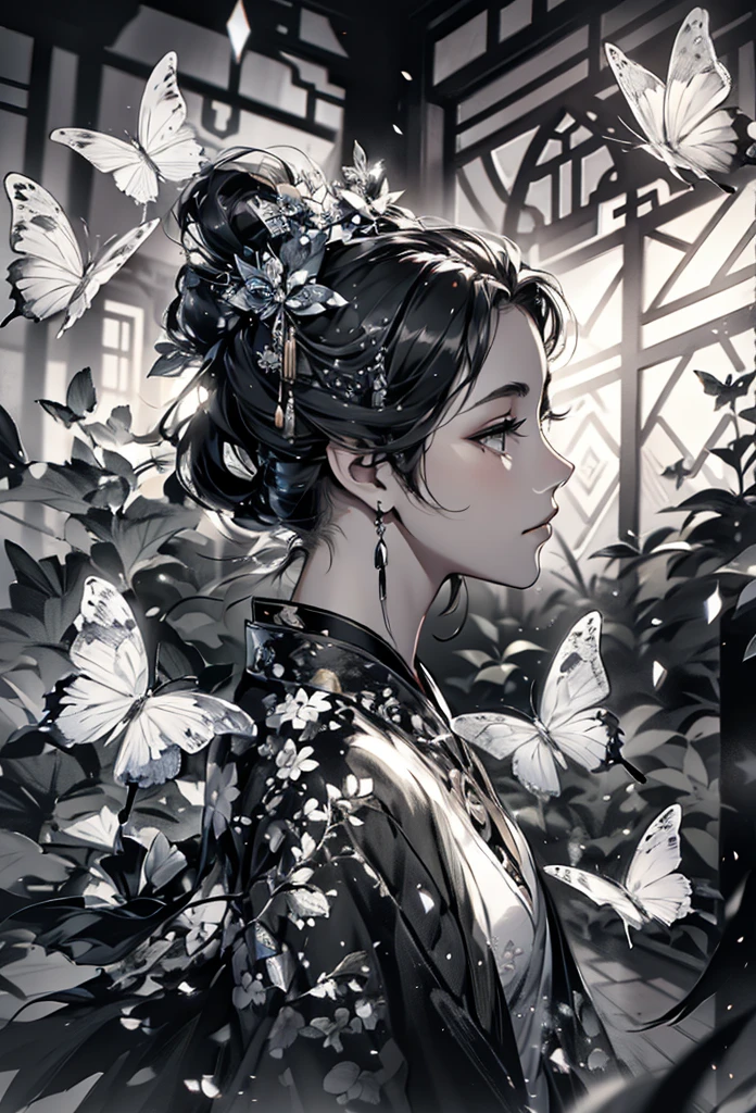 Sketch reinforcement,pencil drawing,Intensify pencil strokes,Fox-eared maiden,Exhibition Hall,Fairy air,Chinese ancient style,Toga,Black and white photo,Black and White Art,Black and white illustration,Ultrafine,The hair is carefully described,The eyes are carefully depicted,Best quality,8K resolution