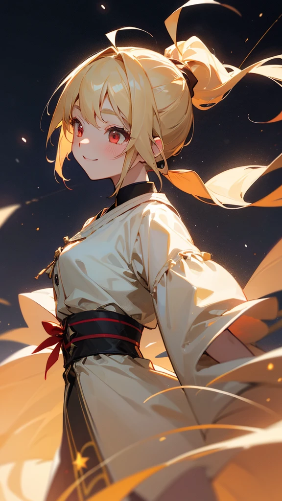 1 Girl、masterpiece、Highest quality、detailed、blonde、ponytail、Round red eyes、Ahoge、beautiful、Dancer、Starry Sky、night、Anime-style paintings、Hard Edge、Soft Surface、smile、smile、Upper body close-up、From the side、Stage lighting、Spot lighting