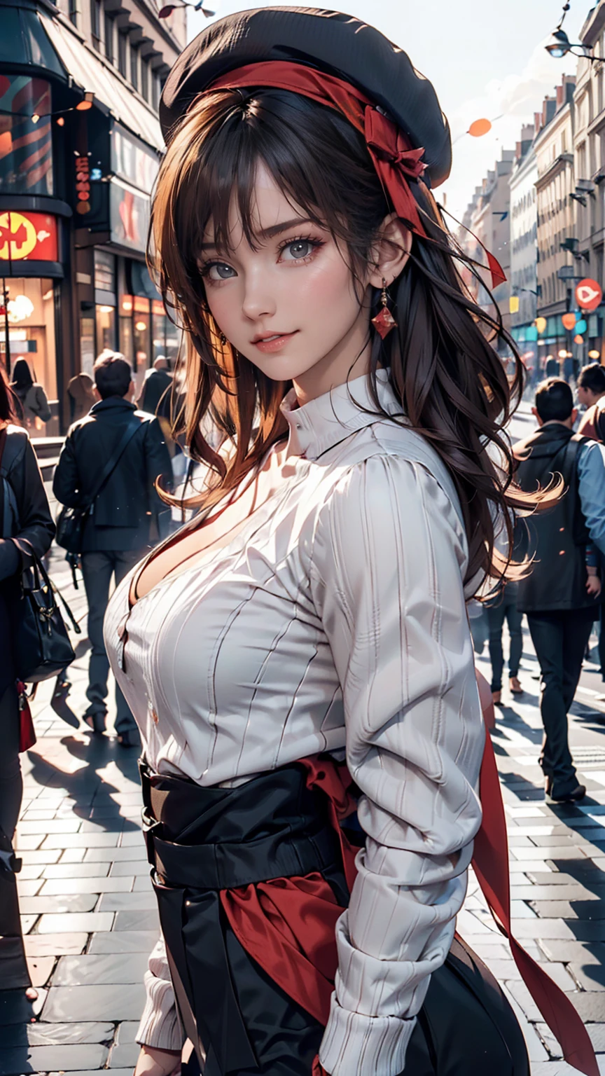 masterpiece, Highest quality, High resolution, hair 花, x Hair accessories, Oversized high neck white sweater((Sleeves are longer than the wrist)), 24-year-old woman、Sexy proportionature female body、Sexy proportionakeup、Textured skin((textured skin))、smile、Narrow waist、Inner Color((colored inner hair))、Vertical roll on one side((side drill))、Background blur((depth of field))、Aerial perspective((atmospheric perspective))、Red Beret、Champs-Élysées((Champs-Élysées))