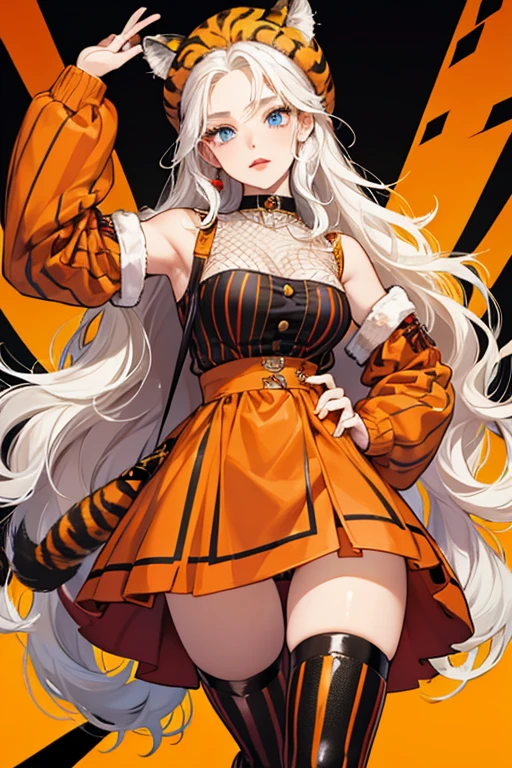 Bianca has fair tan skin, and wavy white hair. She has big blue eyes and red lips, Her accessories consist of a fluffy tiger hat, She also wears gold eyeshadows.
Her outfit consists of a orange sweater with tiger stripes, It also has a red print that says "STRIPES" and black ribbons in the sleeves. She also wears red fishnets and orange boots with black tiger stripes, It has gold zippers and black and red soles. SPARKLE; GLITTER