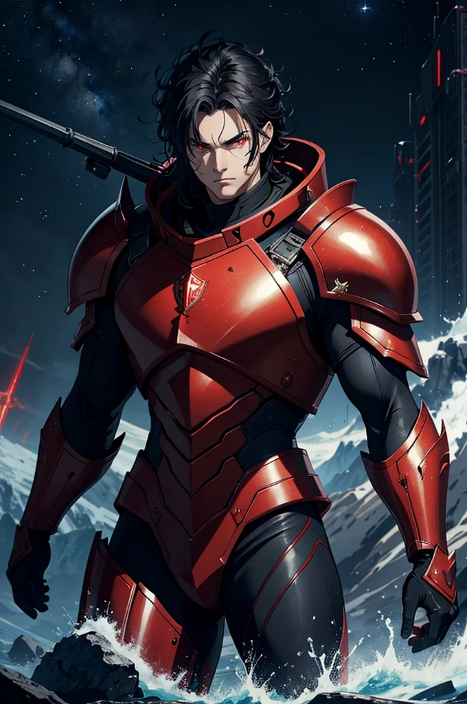 masterpiece, high quality, Big man, red armor, diving tanks, Red eyes, black sclera, SERIOUS LOOK, black trident, advanced age, black hair, strong, great bearing, space background, planets, visible face
