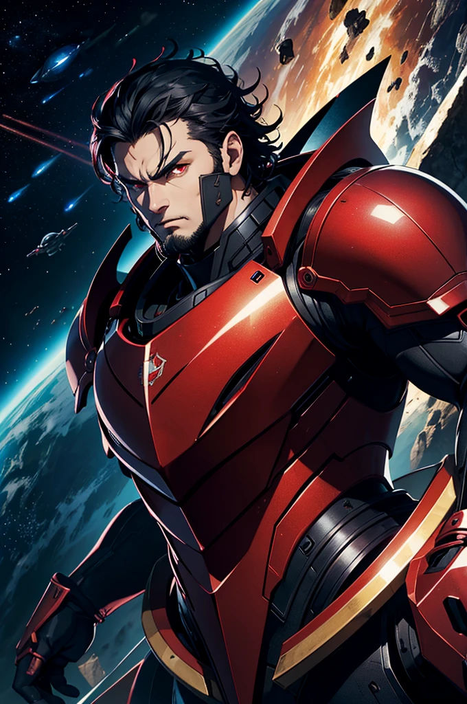 masterpiece, high quality, Big man, red armor, diving tanks, Red eyes, black sclera, SERIOUS LOOK, black trident, advanced age, black hair, strong, great bearing, space background, planets, visible face