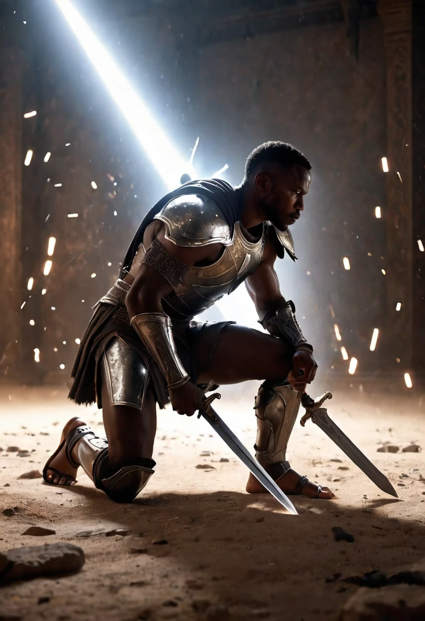 Side angle view A black African man on one knee head facing the ground, sword in it's sheath, explosive white light and particles in background, warzone with shields and torn armour all over the battlefield, sword and sandals epic, ridley scott movie, zach snyder movie, white particles shining a cinematic light providing a silhouette image of the black man, crafted with intricate details in Unreal Engine, Octane Engine, or Vray, evoking a sense of epic.