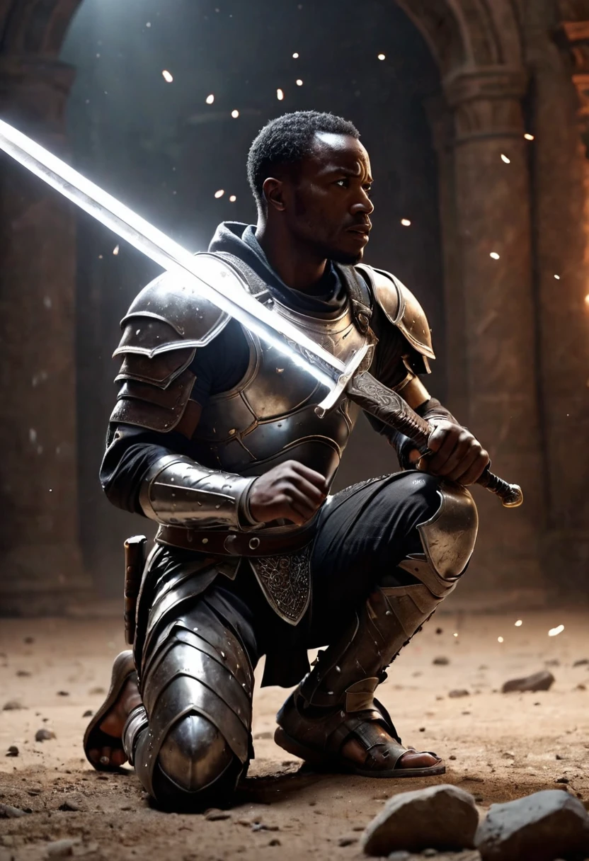 Side angle view A black African man on one knee head facing the ground, sword in it's sheath, explosive white light and particles in background, warzone with shields and torn armour all over the battlefield, sword and sandals epic, ridley scott movie, zach snyder movie, white particles shining a cinematic light providing a silhouette image of the black man, crafted with intricate details in Unreal Engine, Octane Engine, or Vray, evoking a sense of epic.