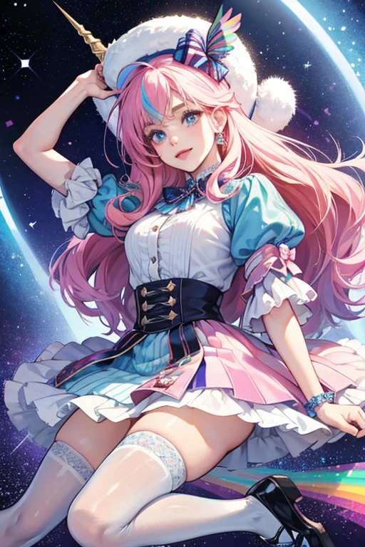 Britney has fair pale skin, and wavy rainbow hair that goes past her waist. She has big blue eyes and pale pink lips, Her accessories consist of a fluffy unicorn hat.

Her outfit is a rainbow colored sequin dress. She wears a holographic t-shirt underneath and thigh-high socks with unicorn and rainbow designs, Her shoes is white with black soles and laces, Her shoes is decorated with blue lines wavy lines and stars in the front. SPARKLE; GLITTER