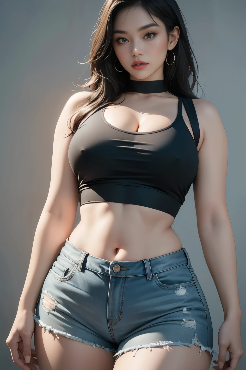 beautiful woman, dark green crop top, denim shorts, plump body, cleavage, big thighs, grey wall background, (best quality,4k,8k,highres,masterpiece:1.2),ultra-detailed,(realistic,photorealistic,photo-realistic:1.37),cinematic lighting,glowing skin,depth of field,dynamic pose,natural expression,seductive,glamorous,fashion photography,warm color tones