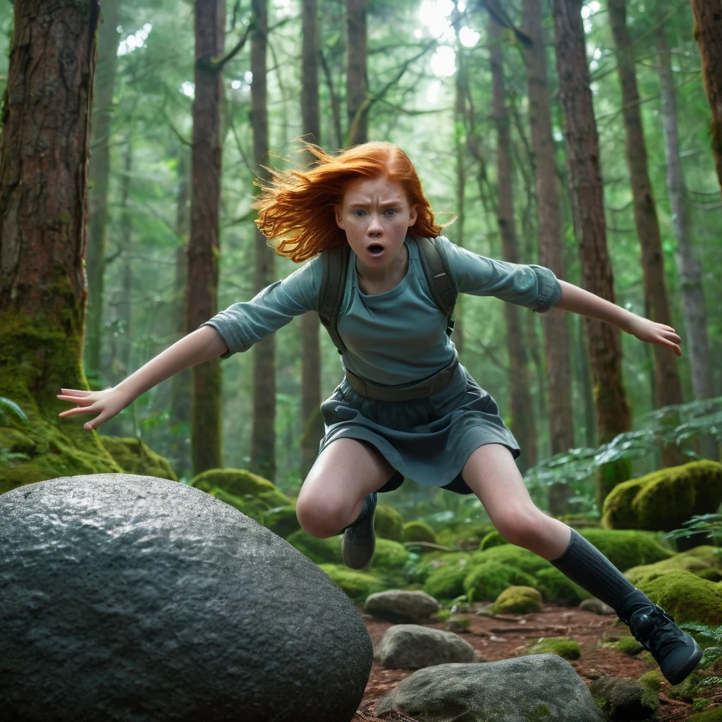 a beautiful angry 12 year old redheaded girl using telekinesis floats a large rock in the air a few centimeters off the ground in a realistic sci-fi forest