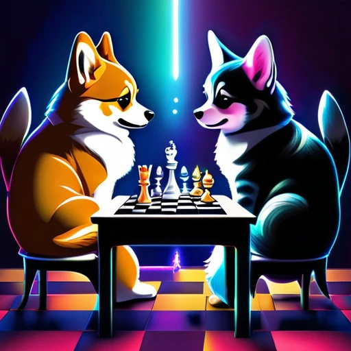 psychedelicstyle magic beamMake me a photo of cute corgi and cute American shorthaircat playing chess.