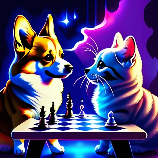 psychedelicstyle magic beamMake me a photo of cute corgi and cute American shorthaircat playing chess.