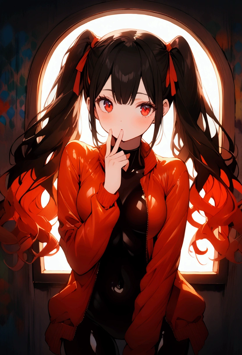 1girl, 21years old, 155 cm tall, long black twin tails, crimson red eyes, medium breast, slimy tight outfit with open jacket, colorful indoor room with warm tones, evening, window light casting a soft golden glow, pensive expression, leaning on wall covered in graffiti art, looking out the large crystal clear glass window, introspective pose, rubbing her fingers over the textured surface of her slimy jacket, admiring its pattern