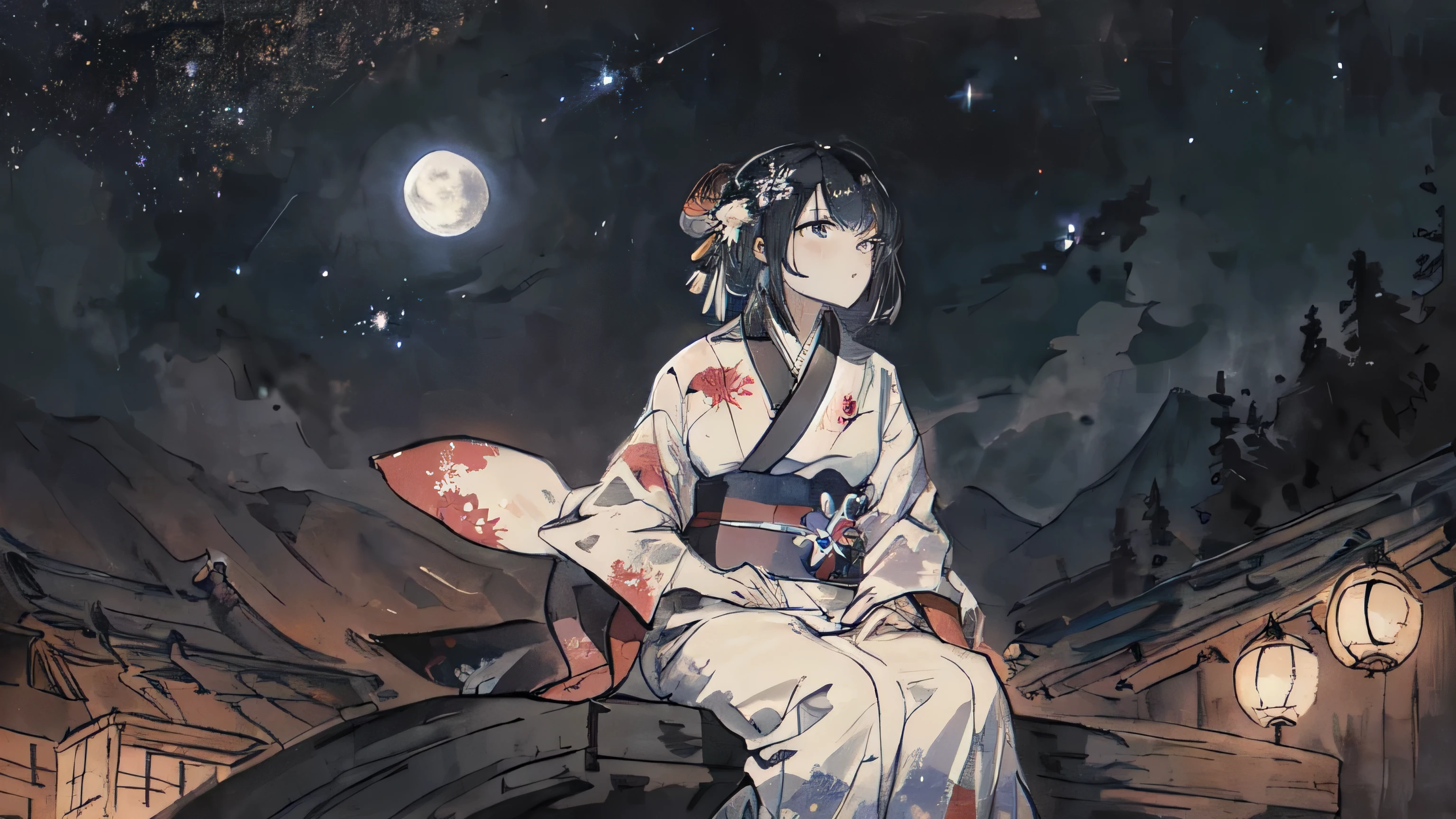 Ink painting:1.4,masterpiece,highest quality,((Super Detailed Woman1name)),Super detailed face,yukata,Sitting,Night Sky,moon,Fantasy,Calm,nebula,((Close-up))