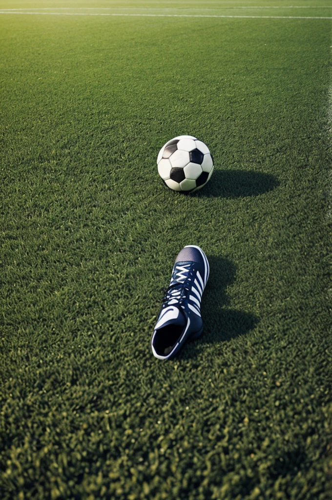 Create an image of a player who is on a green field with a soccer ball