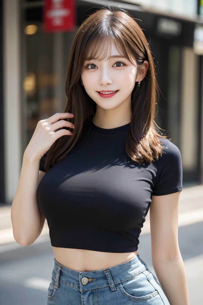 masutepiece, Best Quality, Illustration, Ultra-detailed, finely detail, hight resolution, 8K Wallpaper, Perfect dynamic composition, Beautiful detailed eyes, Natural Lip, k-pop idol, crop top, Big breasts, cleavage, light smile, standing on stage, Random sexy poses