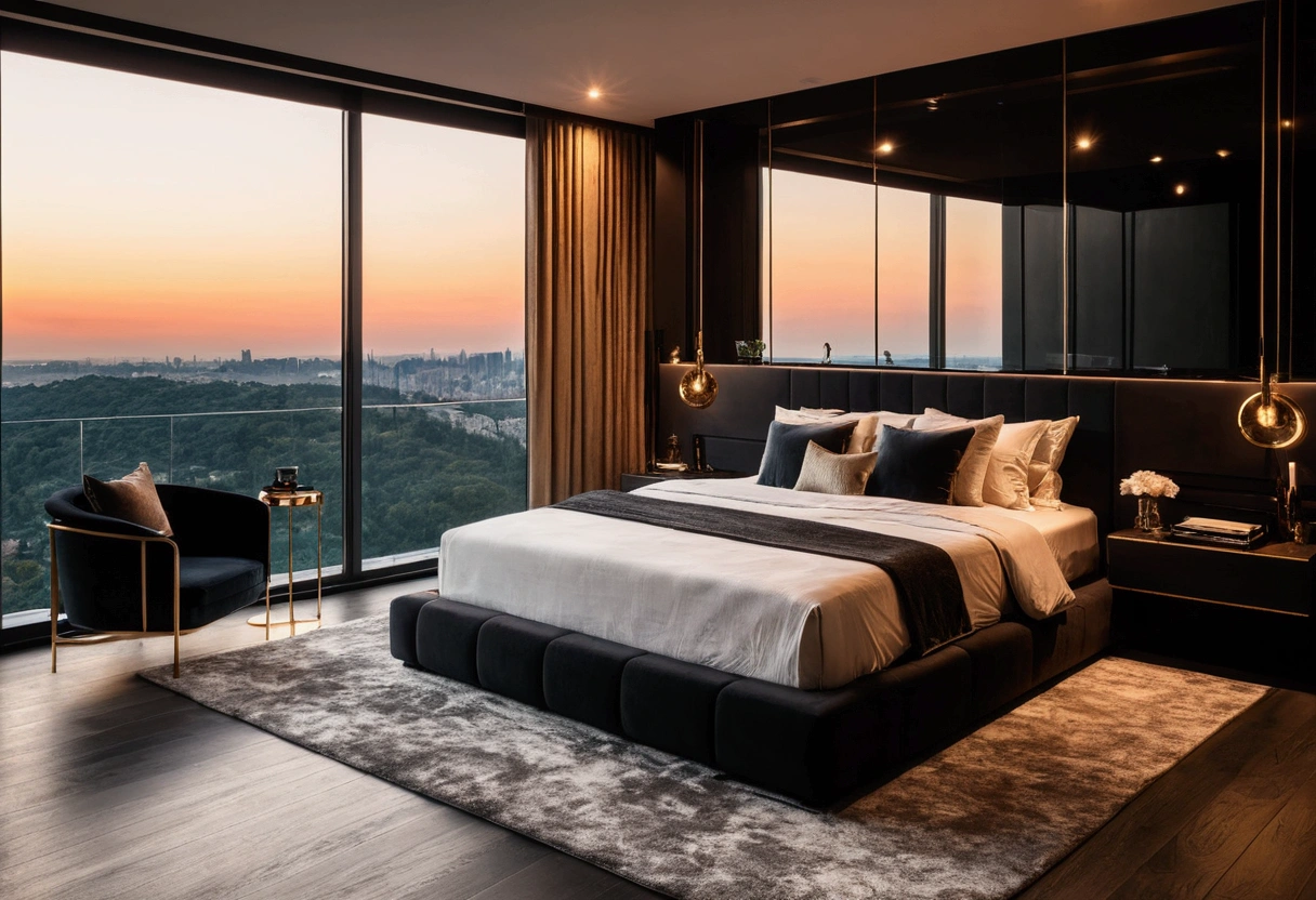 A modern and cozy bedroom with a dark theme, luxury, high class, incredible views, golden hour time