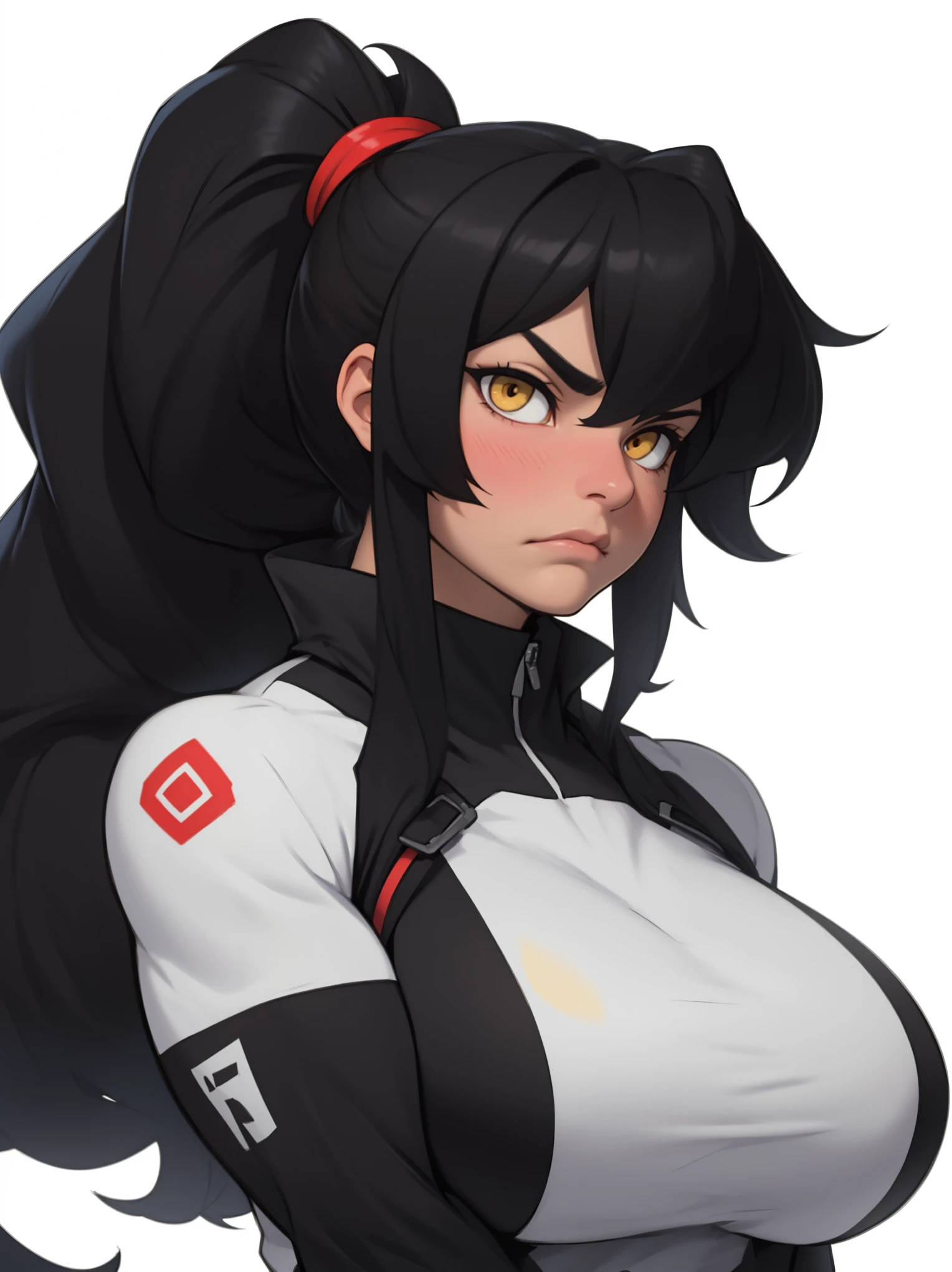 girl muscles huge breasts pale skin very long hair black hair yellow eyes sad blushing solo frown ponytail