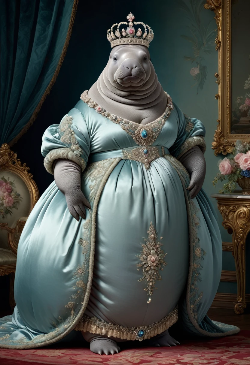 photorealistic portrait of Dressed animals - a ((fat)) (manatee) princess, (furry),(full body image:1.5),(elegant pose:1.5) Wearing luxury sack-back gown,(wearing luxury tiara),(hands on hips:1.5), Old-fashioned luxury loyal dress, detailed and opulent description of a loyal aristocratic sack-back gown in Rococo , emphasizing luxurious fabrics, intricate embroidery, and ornate accessories, Rococo style king palace background,(looking at viewer:1.5),score_9, score_8_up, score_7_up, score_6_up, score_5_up, score_4_up,