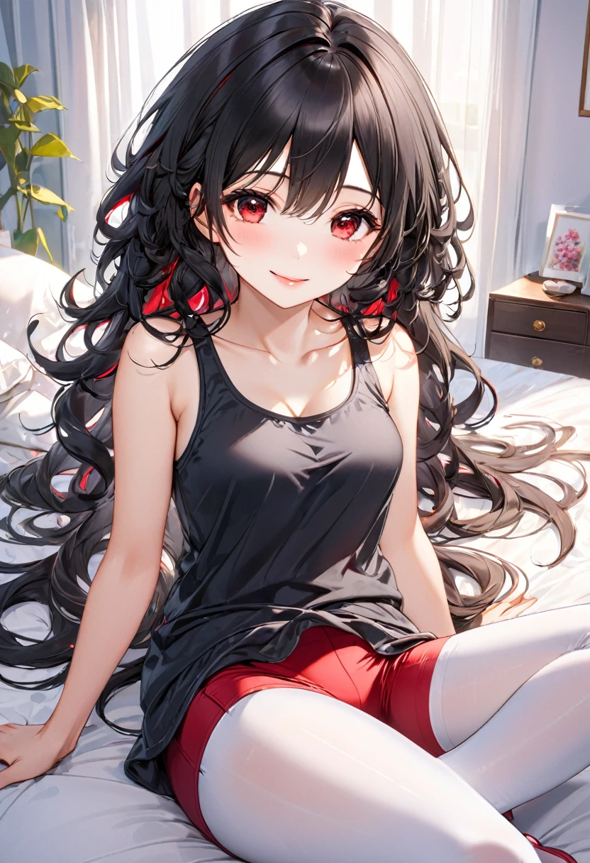 (relax style) (sitting, spread legs), (crossed ankles:1.6), (soro:2, 15 yo, curly:1.3 beautiful grow black hair long hair cute princess girl, lovely red eyes, love smile, glossy lip, medium:1.3 tits), in a casual tank top, silky leggings, break, in the cute bedroom, BREAK, perfect ???????, masterpiece, best quality, 16k, beautiful detailed grow, daydreaming expression.