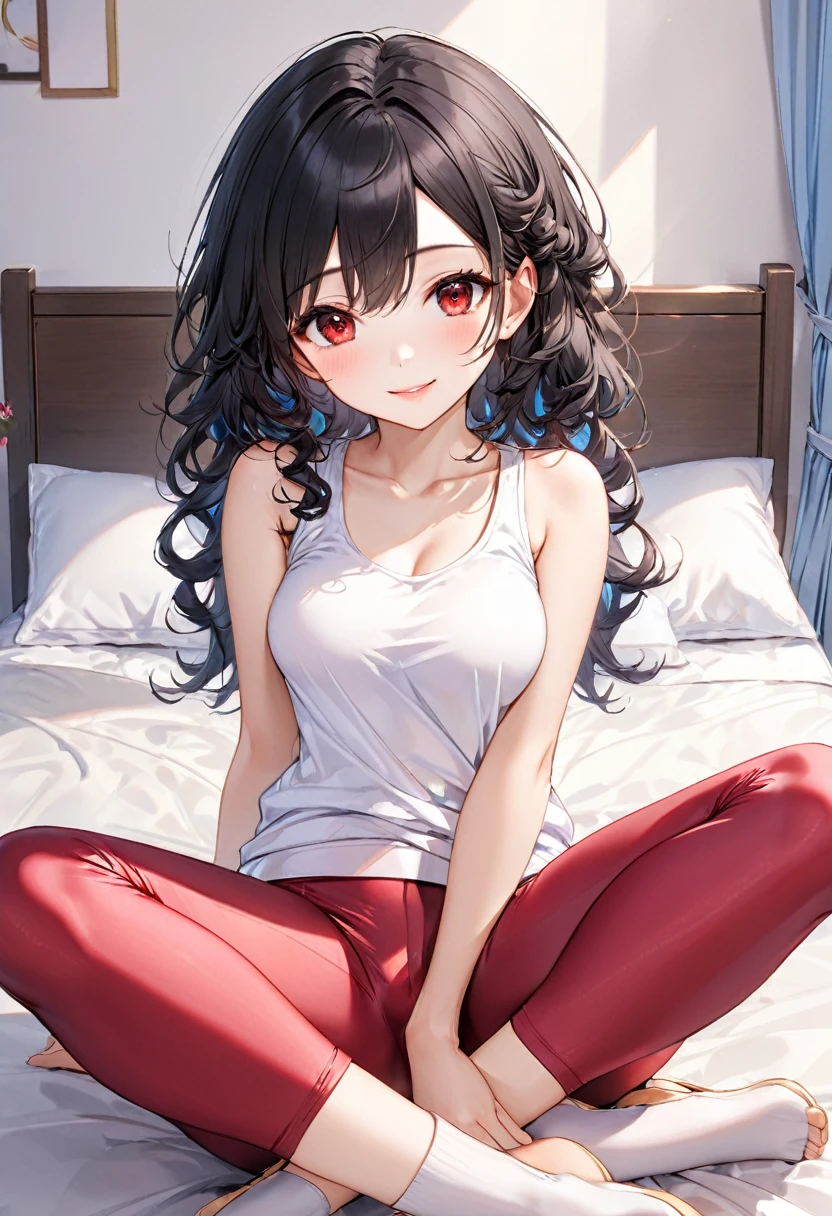 (relax style) (sitting, spread legs), (crossed ankles:1.6), (soro:2, 15 yo, curly:1.3 beautiful grow black hair long hair cute princess girl, lovely red eyes, love smile, glossy lip, medium:1.3 tits), in a casual tank top, silky leggings, break, in the cute bedroom, BREAK, perfect anatomy, masterpiece, best quality, 16k, beautiful detailed grow, daydreaming expression.