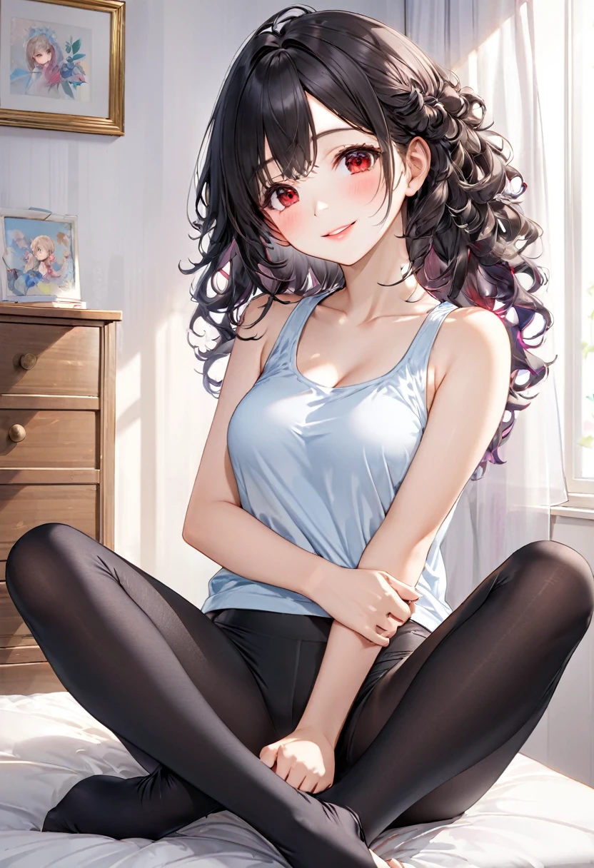 (relax style) (sitting, spread legs), (crossed ankles:1.6), (soro:2, 15 yo, curly:1.3 beautiful grow black hair long hair cute princess girl, lovely red eyes, love smile, glossy lip, medium:1.3 tits), in a casual tank top, silky leggings, break, in the cute bedroom, BREAK, perfect anatomy, masterpiece, best quality, 16k, beautiful detailed grow, daydreaming expression.