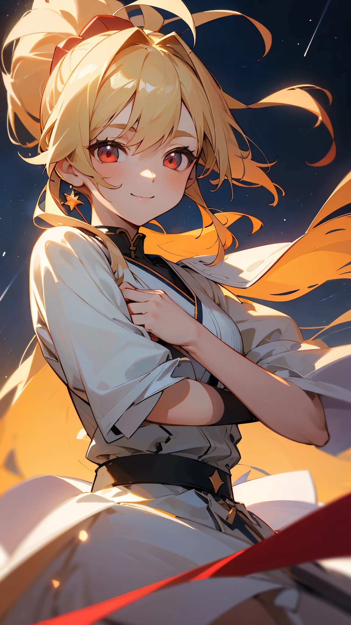 1 Girl、masterpiece、Highest quality、detailed、blonde、ponytail、Round red eyes、Ahoge、beautiful、Dancer、Starry Sky、night、Anime-style paintings、Hard Edge、Soft Surface、smile、smile、Upper body close-up、from the front、Stage lighting、Spot lighting