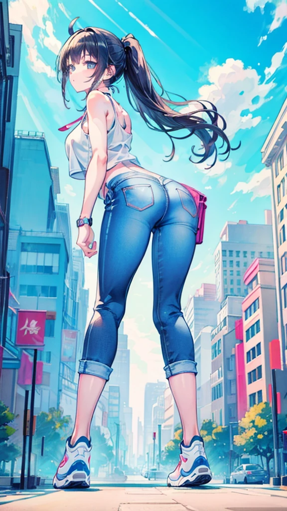 Composition viewed from below masterpiece back Butt Anime Style Delicate painting 4K 90's giant Multiple Girls crowd Metropolis crowd Crowd of people Giant girl standing in the city valley Denim pants Big Breasts White T-shirt Summer clothes No sleeve Tank top White Bra Her underwear is visible Sweating profusely Private Server sneakers White socks watch Black Hair ponytail smile blue sky cumulonimbus female giant giant girl Whole body Crowd Unreal Engine,cleavage ,a drawing of a , earrings, long hair,Cute picture Beauty Analog style whole body sneakers