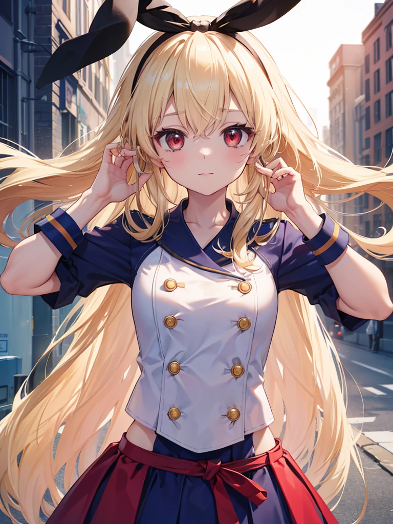 (masterpiece, best quality, highly detailed, ultra detailed, high resolution, absurdres, 4K, 8K:1.2), 
BREAK,shimakaze uniform:1.5, 10 years GIRL,Blonde_HAIR,RED eyes,(RED Ribbon on HAIRband:1.2)