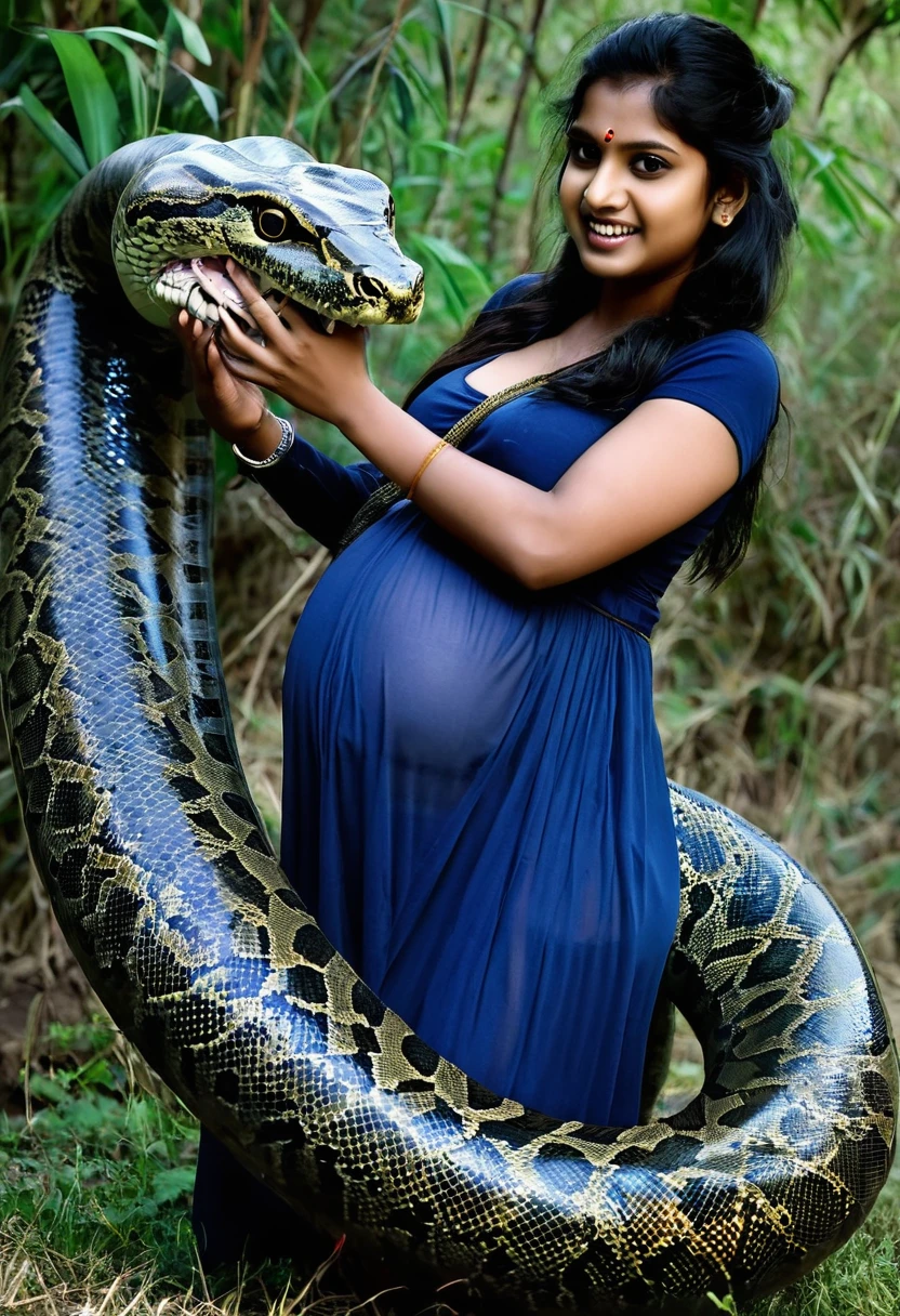 Pregnant Happy Horny, aroused 1girl), beautiful kneeling Indian  young  girl with  giant colossal Kaa monster squeezing her hard, wrapped in thick spiraling coils, constricted, struggle, gasping for air, snake attack, snake peril, moonless night, dim light