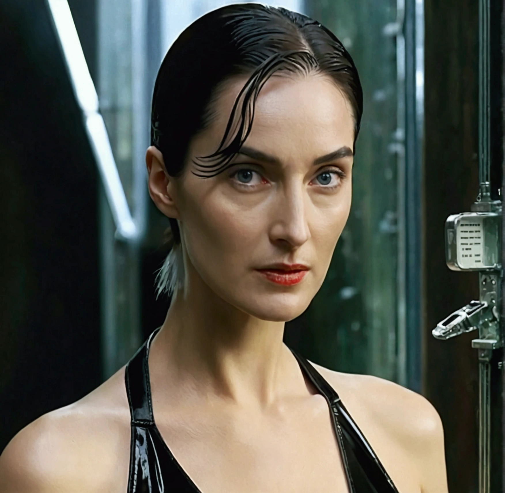 Trinity from the movie matrix. xxx. sexy. full body, lingerie. with small tight latex lingerie, full body closeup, full length cinematic shot. lingerie. sensual. sexy, background city of matrix. hyper realism. 8k. Photography, hyper realism. k. Photography (masterpiece, Super detail, High detail, Best Quality, 8k, Matrix film lighting