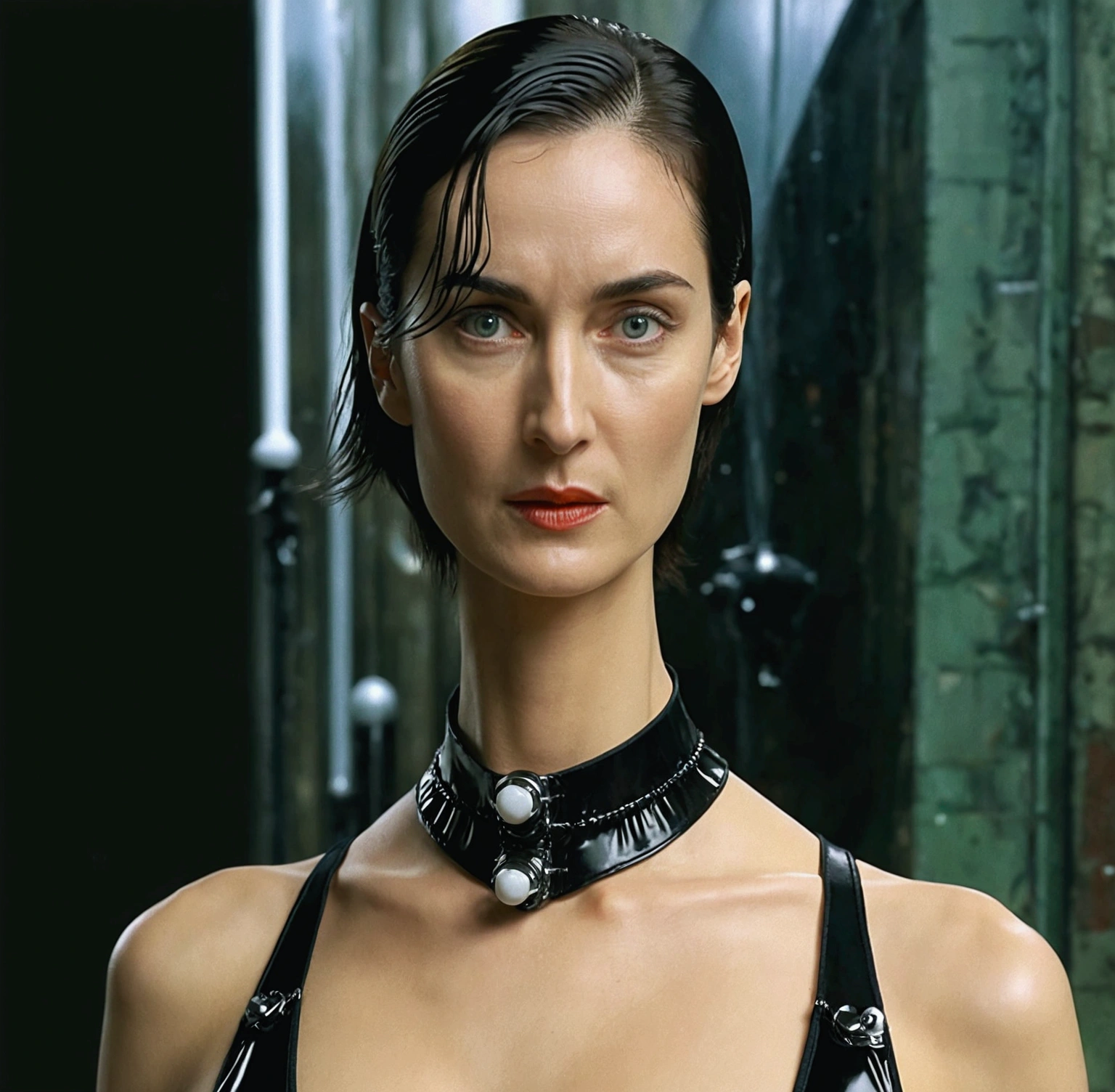 Trinity from the movie matrix. xxx. sexy. full body, lingerie. with small tight latex lingerie, full body closeup, full length cinematic shot. lingerie. sensual. sexy, background city of matrix. hyper realism. 8k. Photography, hyper realism. k. Photography (masterpiece, Super detail, High detail, Best Quality, 8k, Matrix film lighting