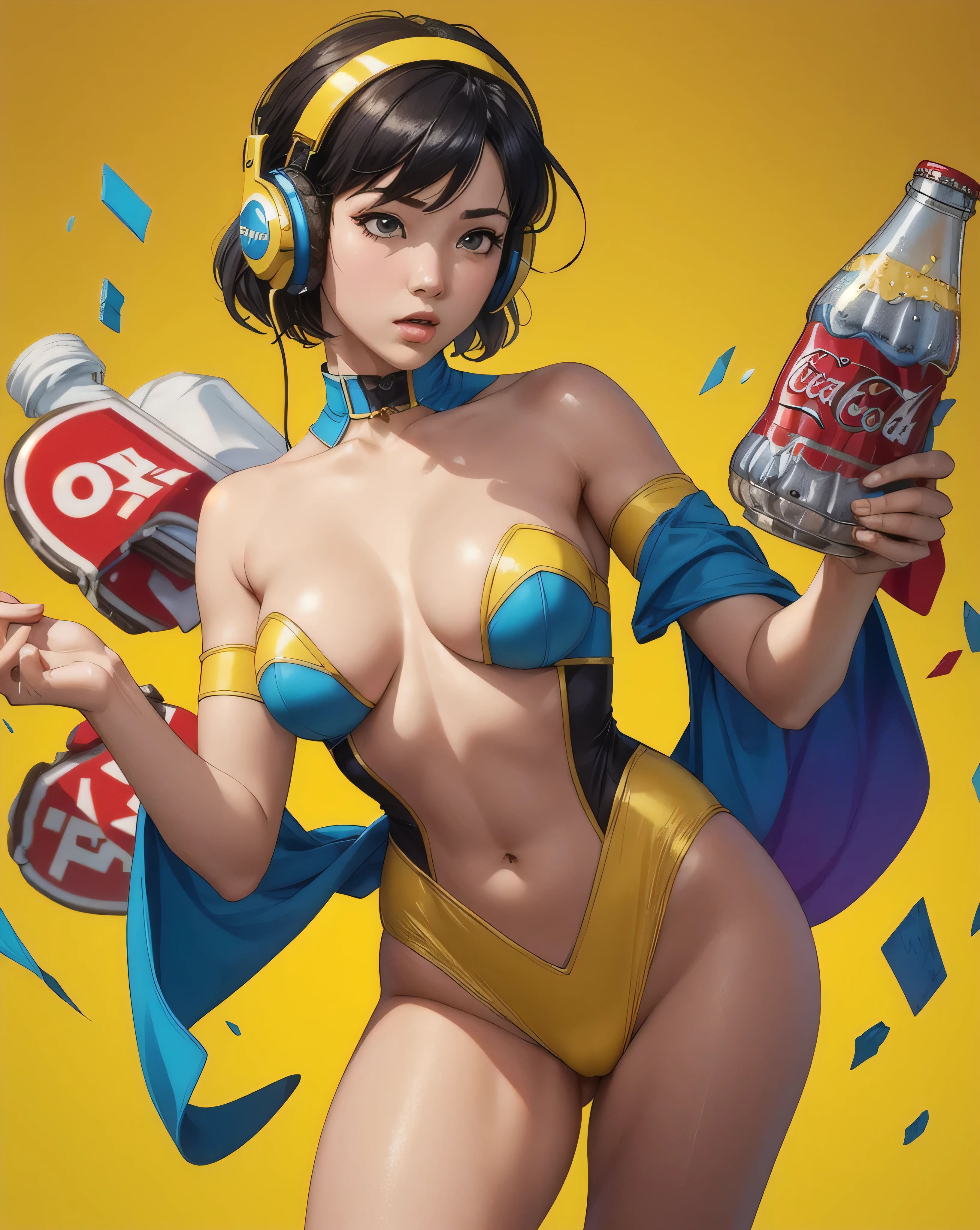 Posing in front of a colorful and dynamic background. Realistic, 8k, masterpiece, RAW Photos, Highest quality, Realistic, 非常に詳細な CG Unity 8k 壁紙, Written boundary depth, Cinematic Light, Lens flare, Ray Tracing, Perfect lighting,short hair, (Delicate skin), (Delicate face), (Pop Background :1.1), Person standing and watching、Comical movement,1 female,Supergirl Costume、Headphones,(Yellow background),Modern Style,Artistic,Moving configuration,Unique Pattern,Bold Texture,colorful,Imaginative,Whimsical,Vibrant,like々Shii,Playful,Vibrant,creative,Expressive,stylish,tendency,One Girl,Eating pizza、Coca-Cola Poster、Lemon on the background