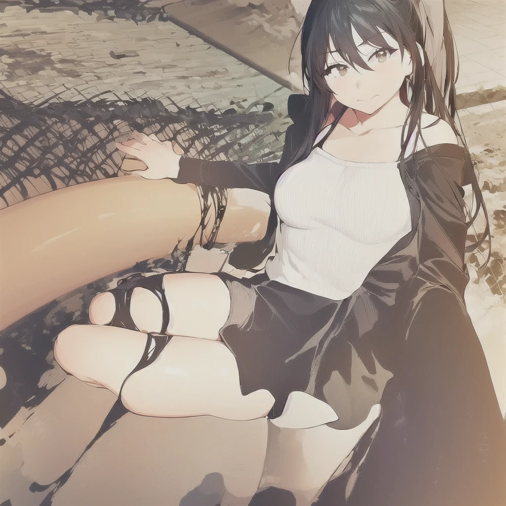 1girl, solo, kawasumi_saya, (large breasts:1.3), cowboy shot, crossed arms, off shoulder, sweater, bent over, (confused:1.2), looking at viewer, black hair, hair between eyes, brown eyes, ponytail, hair bow, white bow 