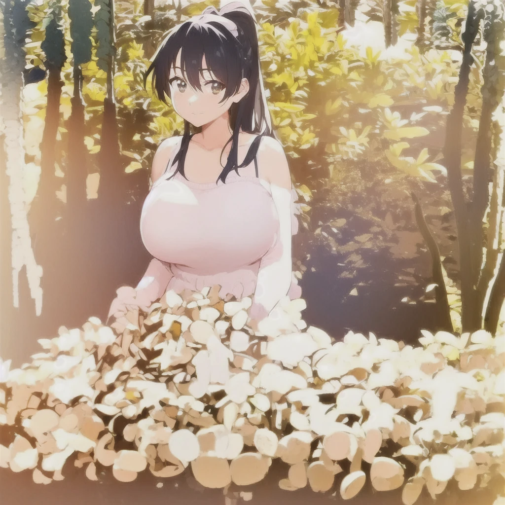 1girl, solo, kawasumi_saya, (large breasts:1.3), cowboy shot, crossed arms, off shoulder, sweater, bent over, (confused:1.2), looking at viewer, black hair, hair between eyes, brown eyes, ponytail, hair bow, white bow 